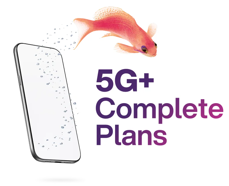 Smartphone displaying network speed interface with swimming goldfish and "5G+ Complete Plans" text.