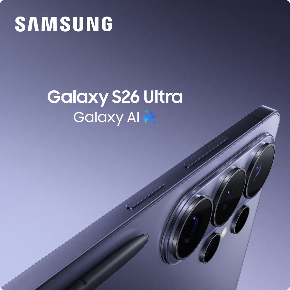 Samsung Galaxy S26 Ultra with Galaxy AI branding, close-up of camera lenses.