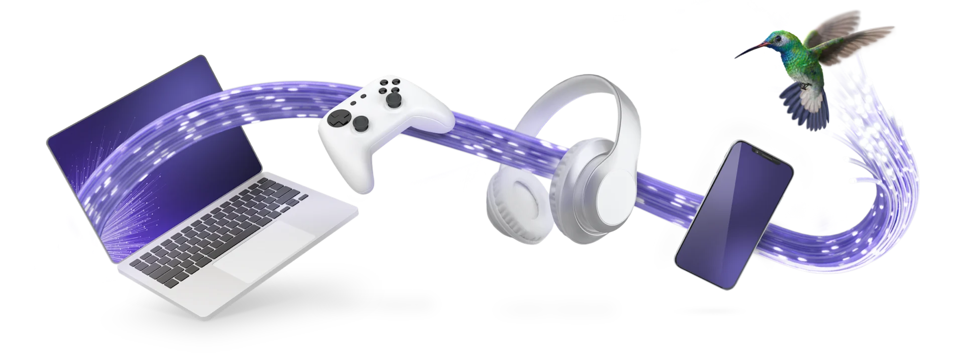 Un collage d'images de produits montrant de gauche à droite : un ordinateur portable, une manette de jeu vidéo, un casque d'écoute et un téléphone cellulaire connecté par l'Internet PureFibre de TELUS et dirigé par un colibri.