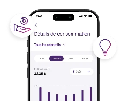 Un téléphone intelligent avec l’application Maison connectée+ ouverte qui montre la consommation d’énergie d’un client.