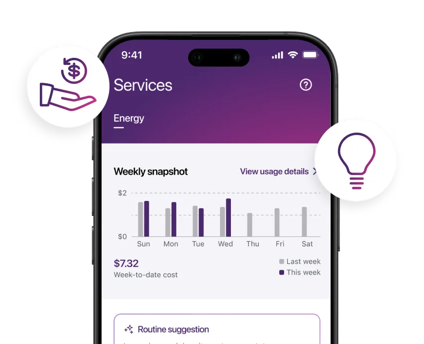 A smartphone with the SmartHome+ app open, displaying a customer’s energy usage.