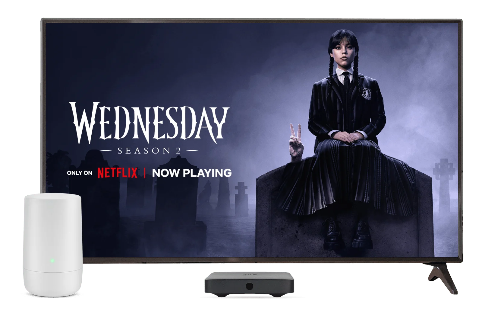 An image showing the Netflix series "Wednesday Season 2" on a 4k TV screen with an Internet Hub, TV Box and remote control on the foreground.