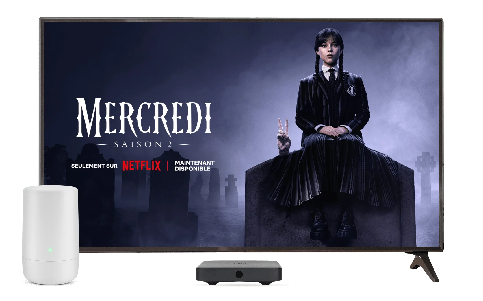 An image showing the Netflix series "Wednesday Season 2" on a 4k TV screen with an Internet Hub, TV Box and remote control on the foreground.