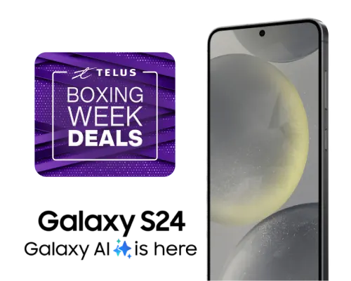 TELUS Boxing Week Deals. Galaxy S24: Galaxy AI is here. Front view of the Galaxy S24.