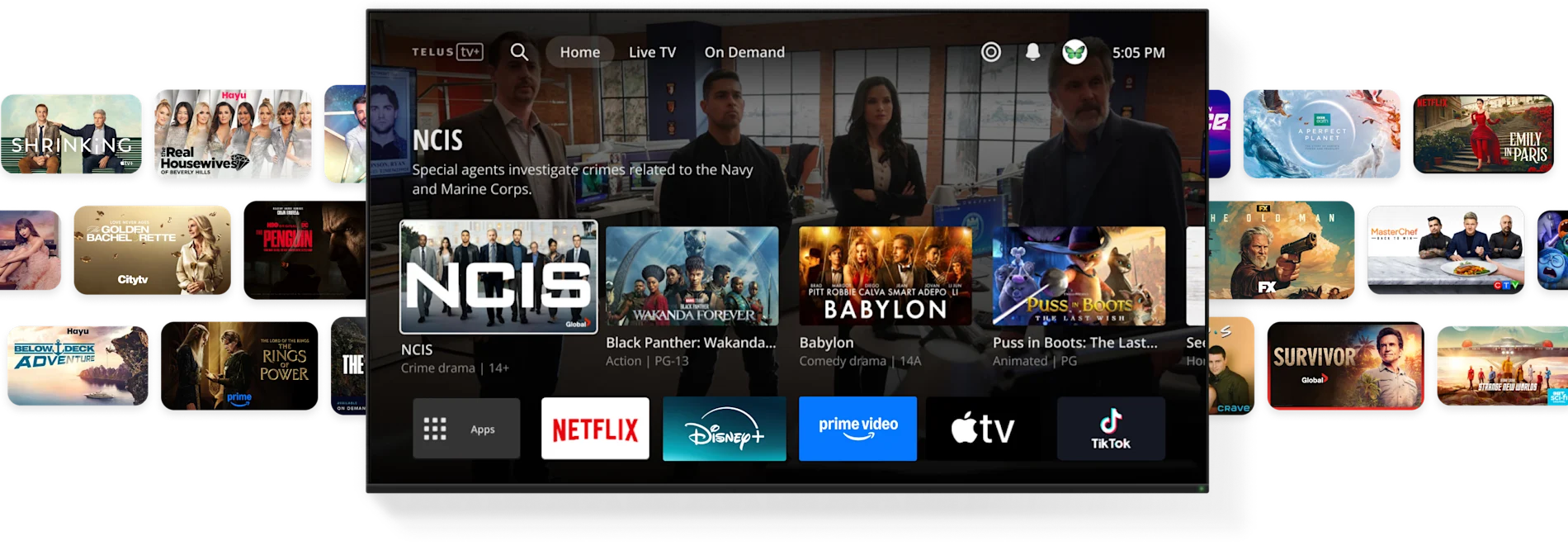 A TV screen over a background full of entertainment posters from popular shows and movies. TV screen includes logos for Netflix, Disney+, Prime, and Apple TV+