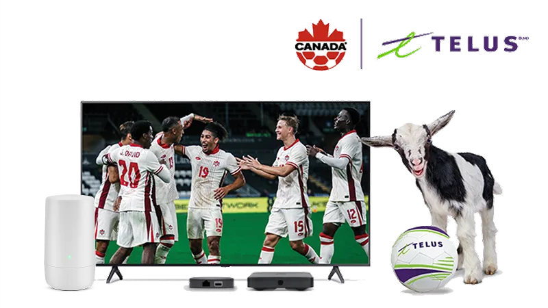 Une image mettant en vedette une télévision TELUS avec une équipe de soccer à l'écran et un animal-vedette chèvre. Un logo de TELUS et celui de l'équipe nationale de soccer du Canada sont également visibles dans le coin supérieur droit.