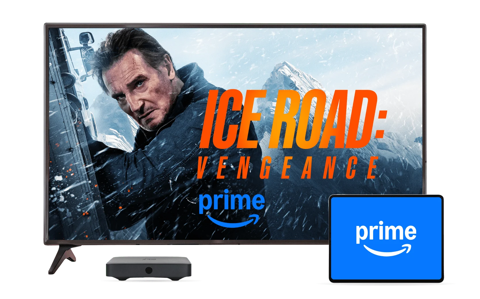 Amazon Prime, image shows amazon prime video on a tablet computer,  and a television with a poster for Ice Road: Vengance.