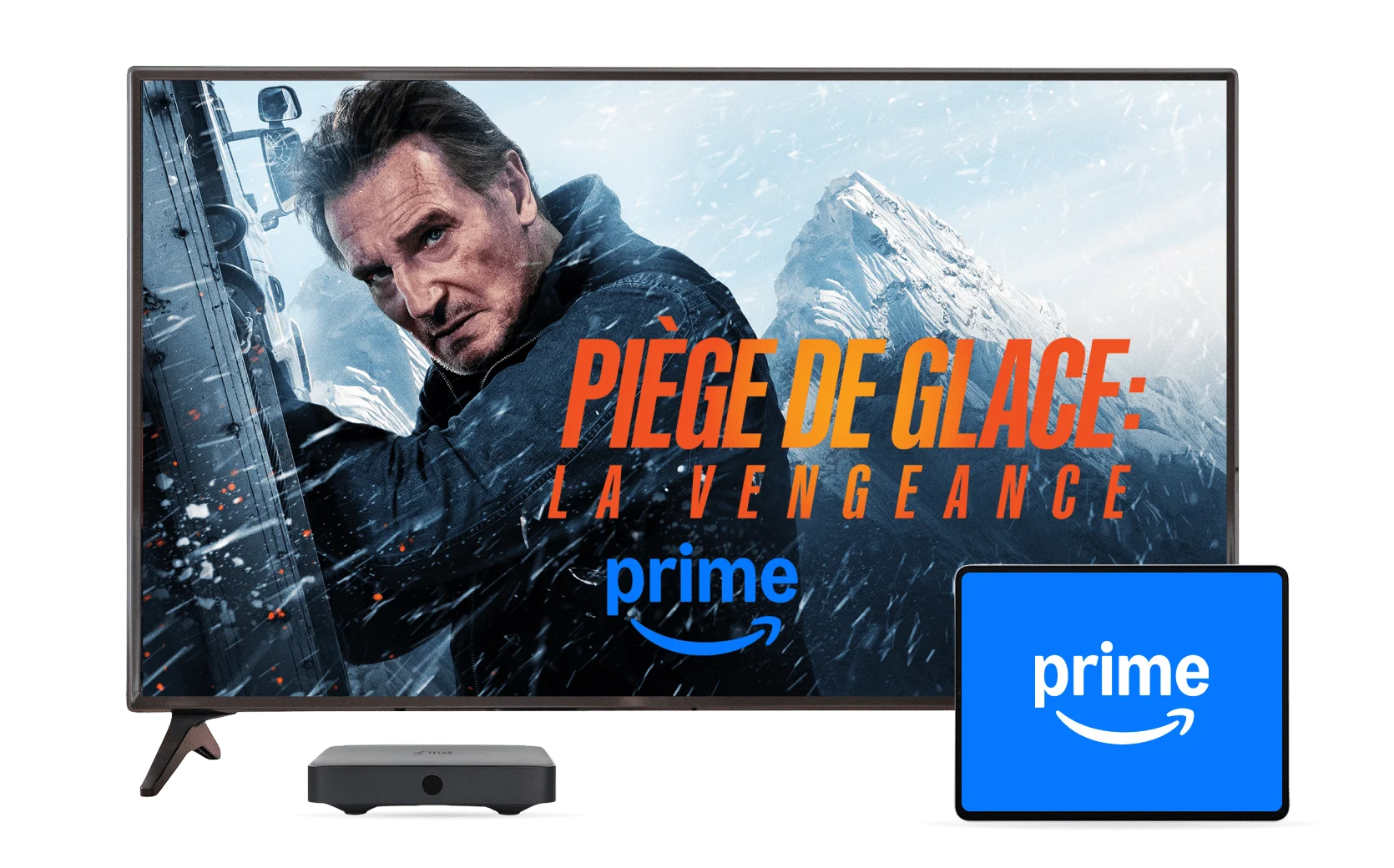 Amazon Prime, une image montre une vidéo d'Amazon prime sur une tablette, et un téléviseur avec une affiche de la série Ice Road: Vengance.