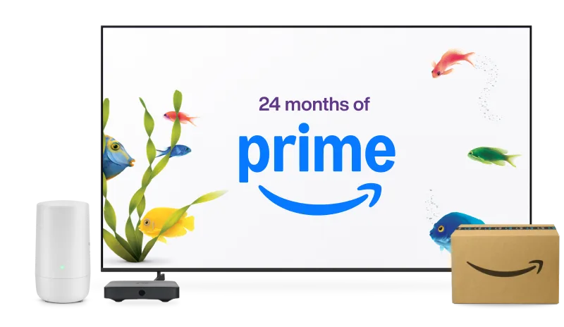 TV displaying "24 months of prime" surrounded by fish, next to Wi-Fi hardware and an Amazon delivery box.