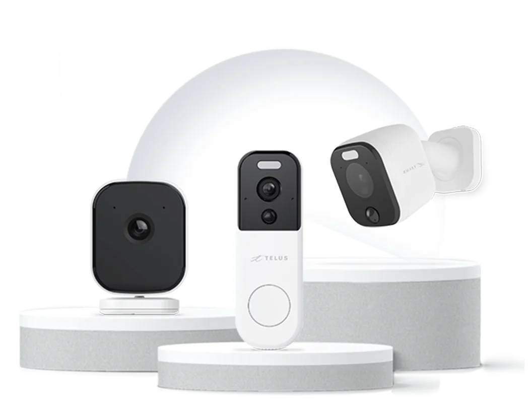 Three security cameras that work with the HomeView plan. An indoor camera, an outdoor camera and a doorbell camera.