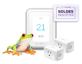 Une grenouille se tient à côté d’un thermostat intelligent et de deux prises de courant intelligentes qui portent l’inscription « Soldes des Fêtes ».