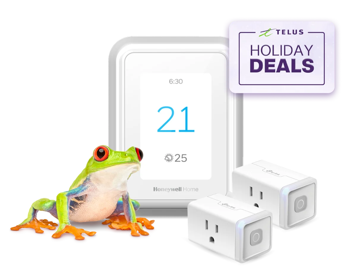 A frog is standing next to a smart thermostat and two smart plugs, displaying a roundel that says, "Holiday Deals."