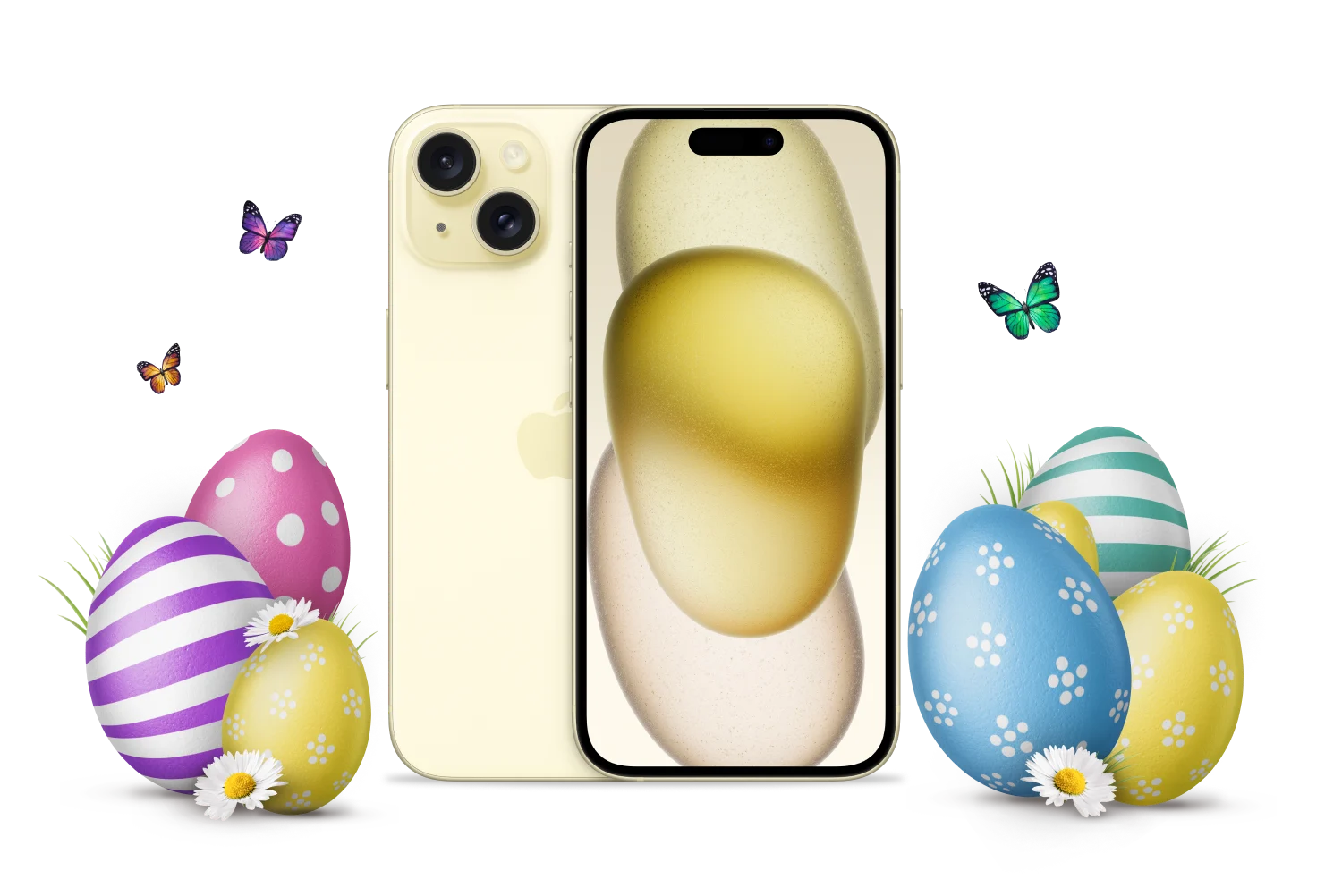 Colourful Easter eggs flank the front and rear views of the yellow iPhone 15, surrounded by butterflies.