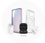 Accessoires. Deux chargeurs secteur, deux étuis de téléphone, une paire d'écouteurs dans un étui.