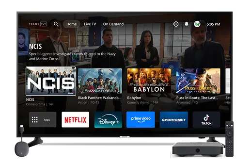 A TV screen displaying the TELUS TV app home menu.