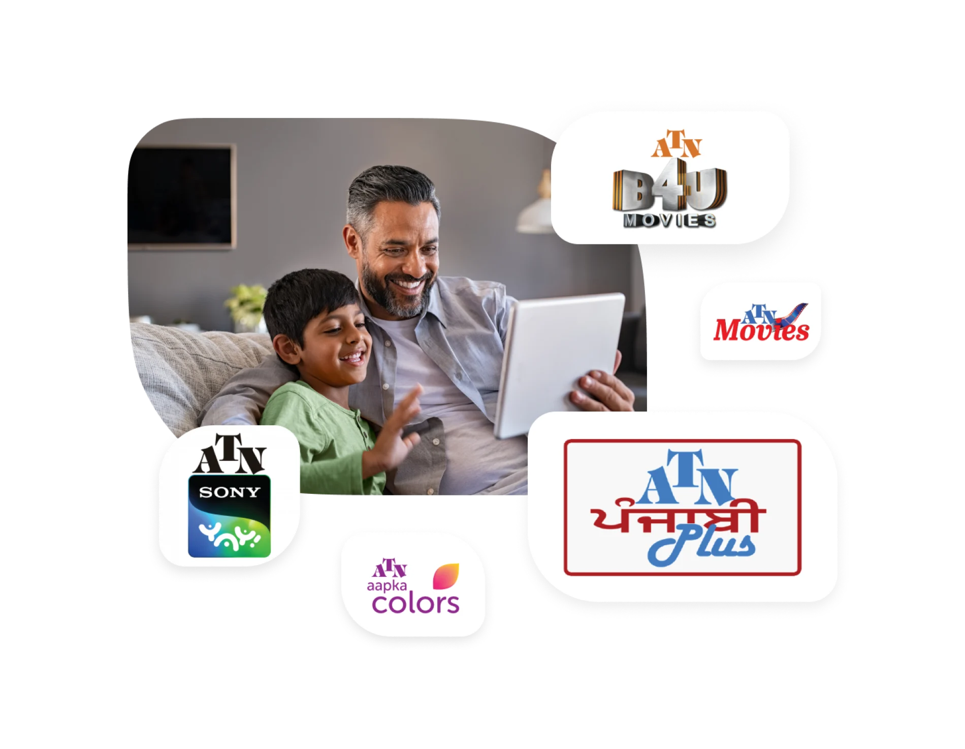 A collage of the different ATN channels TELUS offers and a father and son enjoying their entertaiment