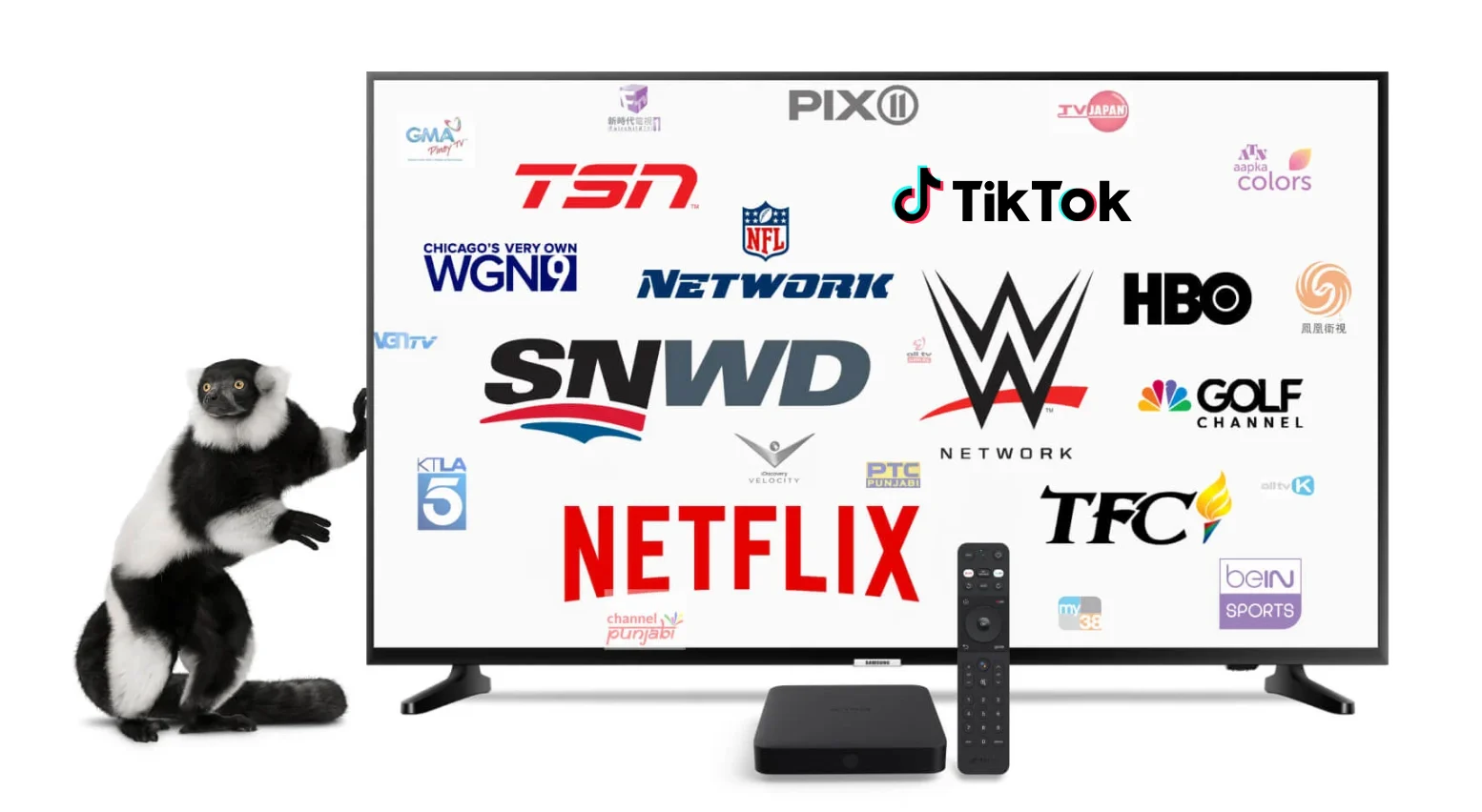 Lemur leaning against large smart tv showing a variety of channel logos available on Optik TV, plus set top box and remote