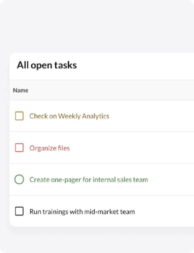 Digital task list with four color-coded items and assignees.