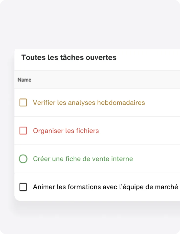 Liste de tâches numériques avec quatre éléments codés par couleur et assignés.