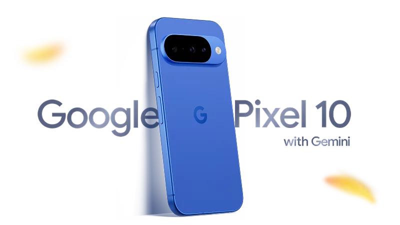 A blue Google Pixel 10 with Gemini. Yellow flower petals falling around it.
