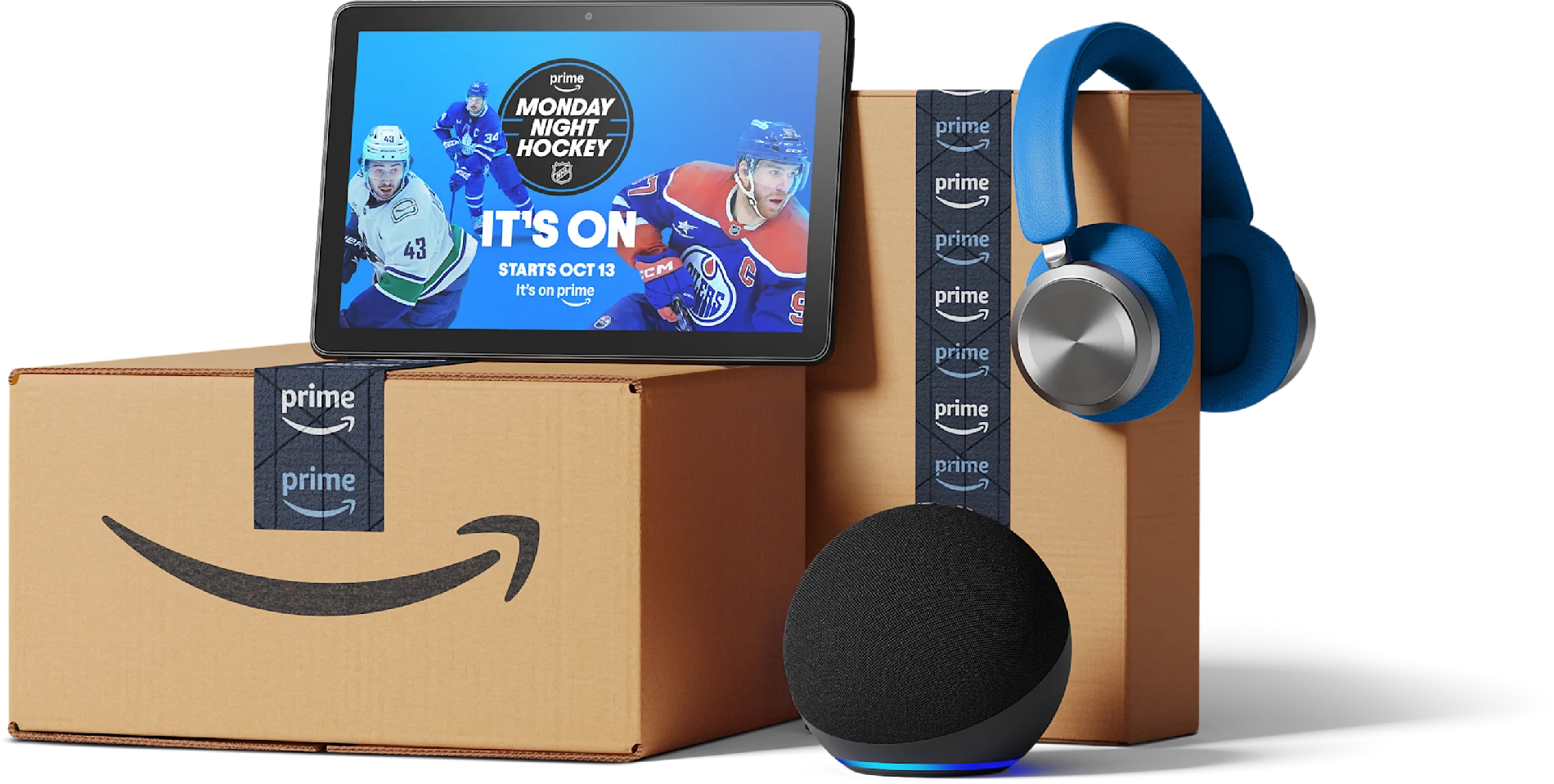 Amazon Prime shipping boxes, headphones and a video screen are shown
