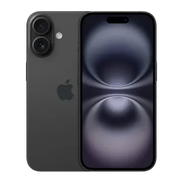 Front and back view of the iPhone 16 in Black