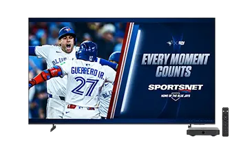 A TV, digital box and remote control. The TV screen displays a promo for Sportsnet, home of the Blue Jays with the text “Every moment counts”.
