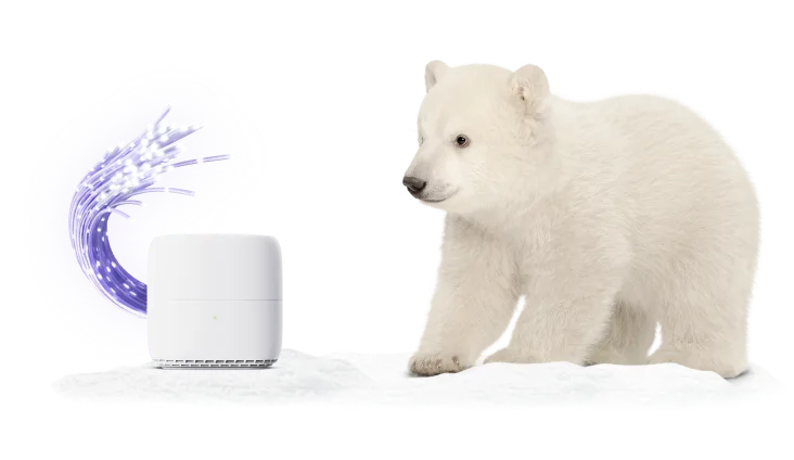A polar bear sitting next to a TELUS modem.