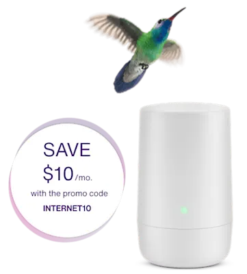 A hummingbird soaring over a TELUS WiFi Modem. A roundel on the left reads: Save $10/month with promo code INTERNET10.