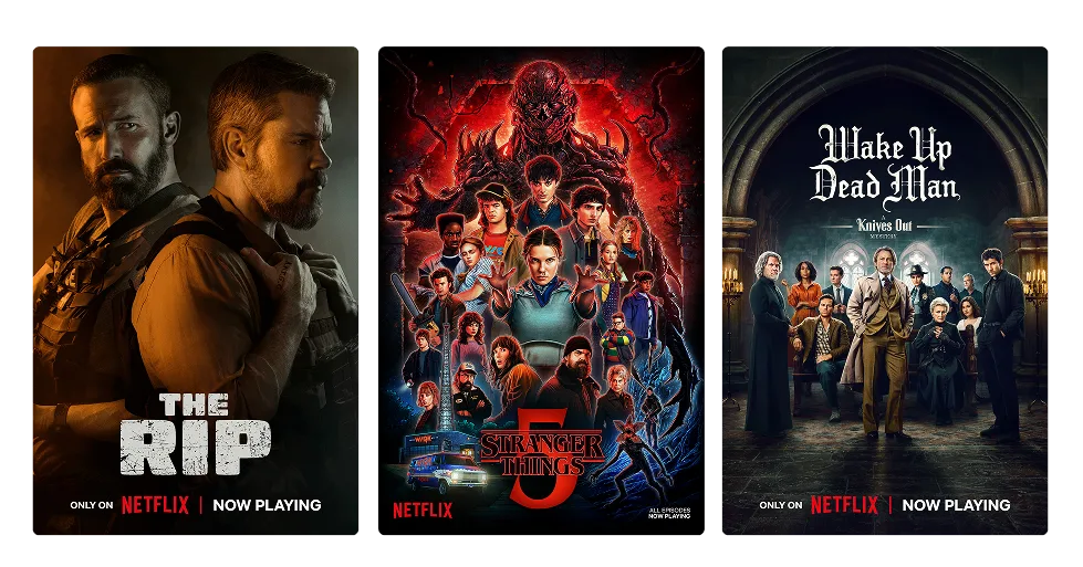 Three posters: The Rip, Stranger Things 5, and Wake Up Dead Man.