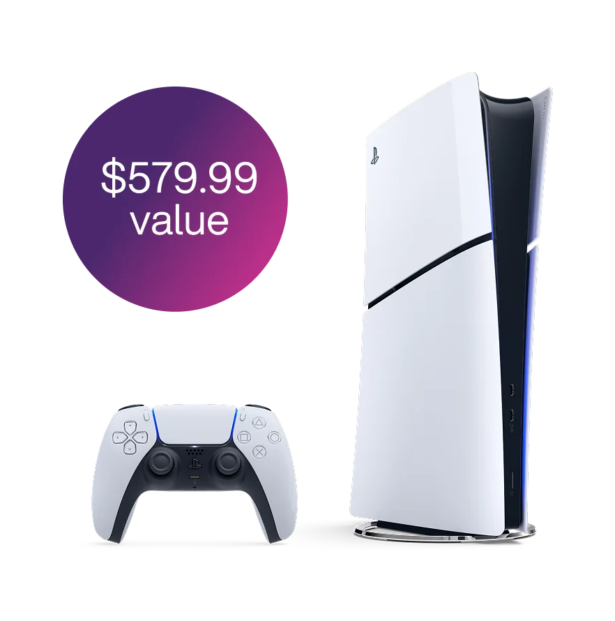 A PlayStation 5 console and remote. A roundel reads “$579.99 value”.