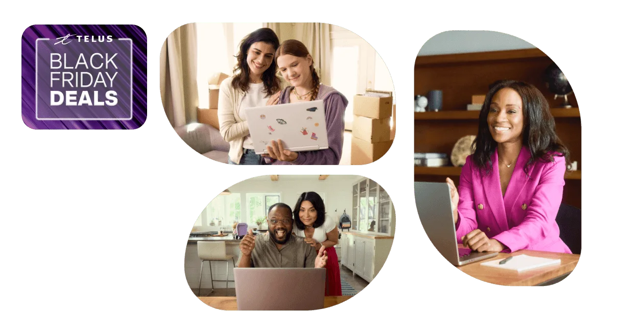 A three-image collage showing TELUS PureFibre customers with laptops: a mother and daughter together, a couple at their desk, and an office worker. A roundel on the top left corner reads: Black Friday deals.