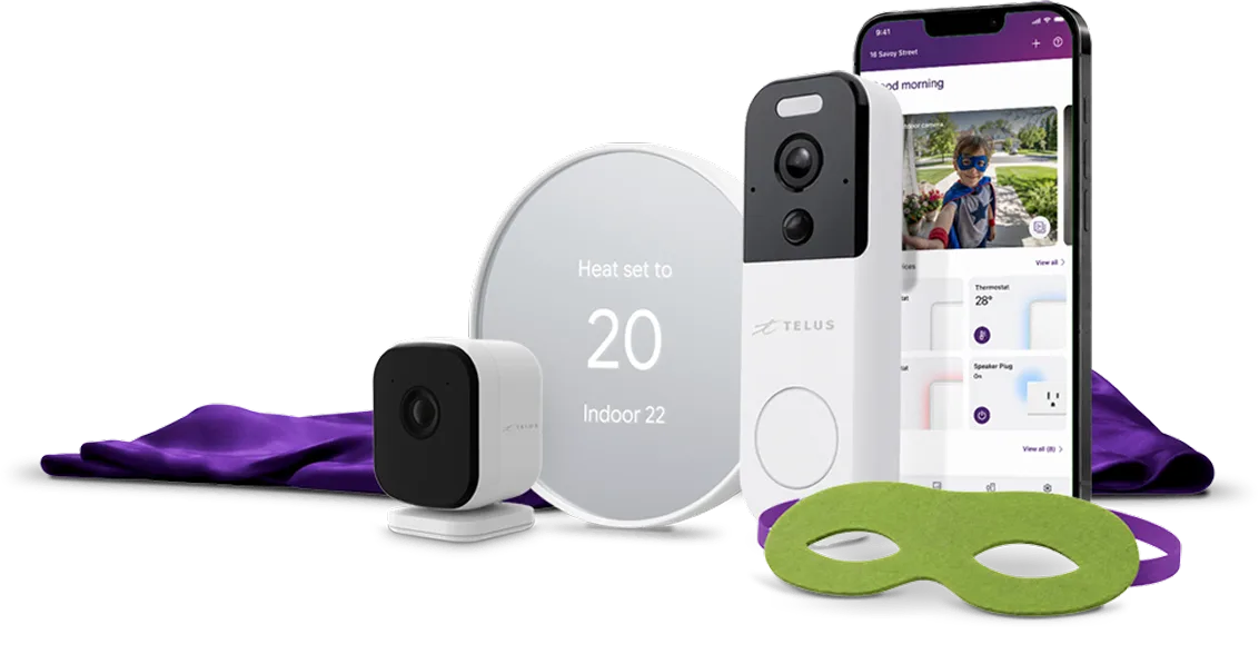 Smart devices - indoor and doorbell cameras and a Google thermostat - are shown alongside the SmartHome+ app with a superhero’s cape and mask. 