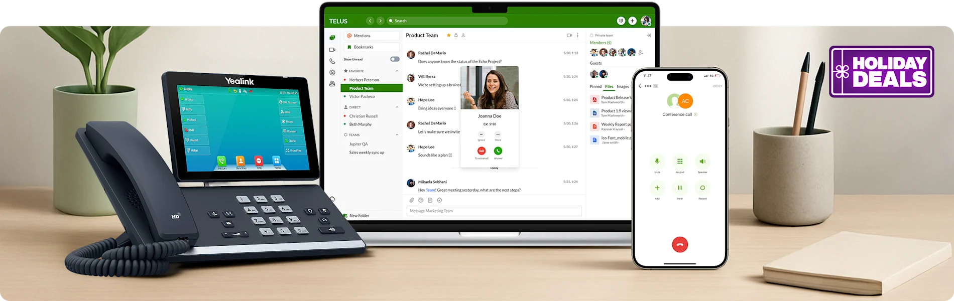 Dark grey and silver landline phone with a large, built-in touch screen. A badge reading “Holiday Deals”