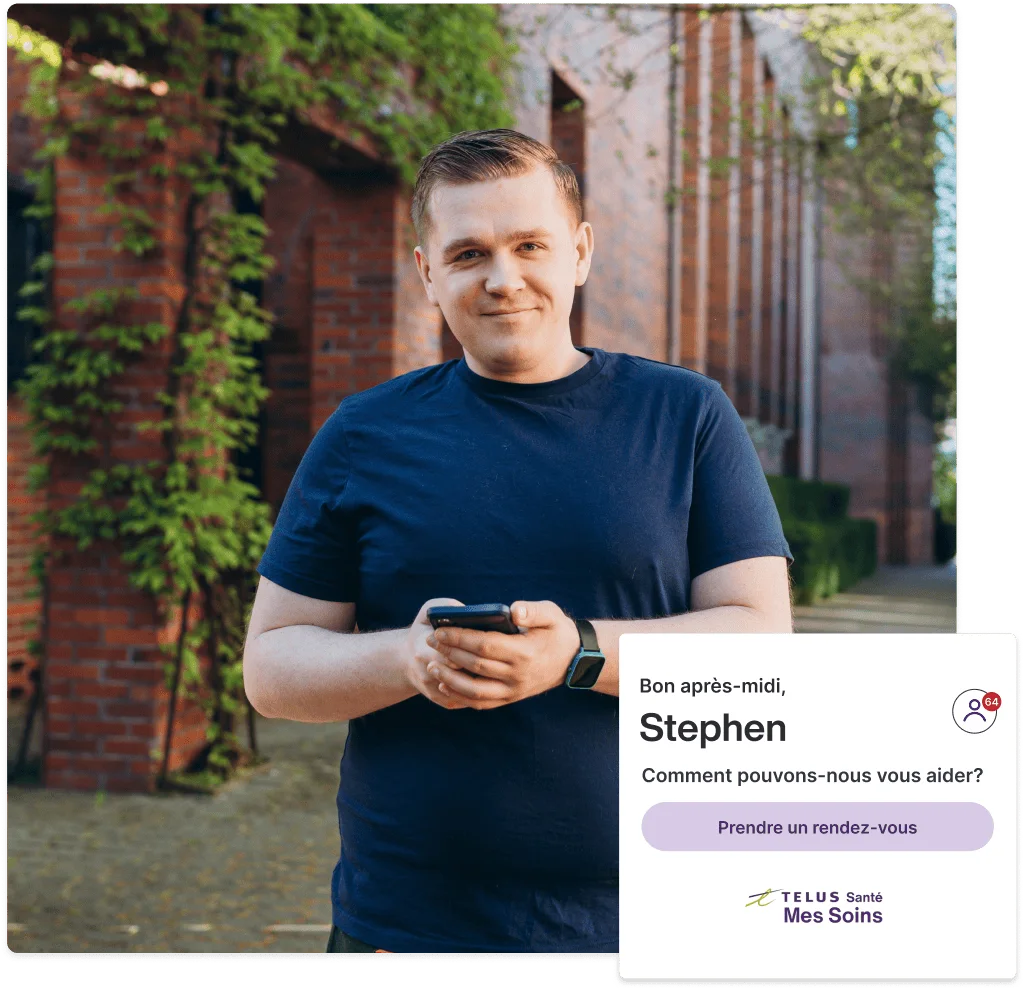 Homme utilisant l'application Mes Soins TELUS Santé pour prendre un rendez-vous.