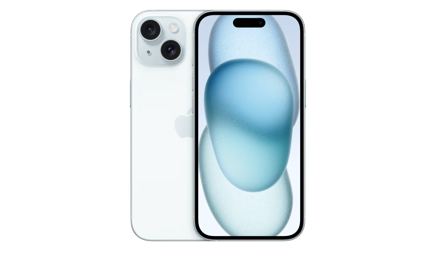 Vue arrière et avant d’un iPhone 15 en Bleu.