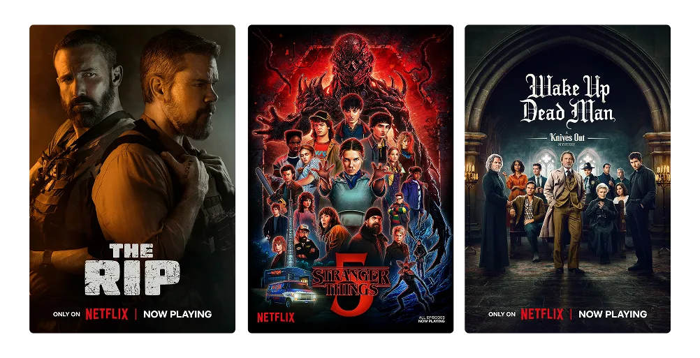 Three posters: The Rip, Stranger Things 5, and Wake Up Dead Man.