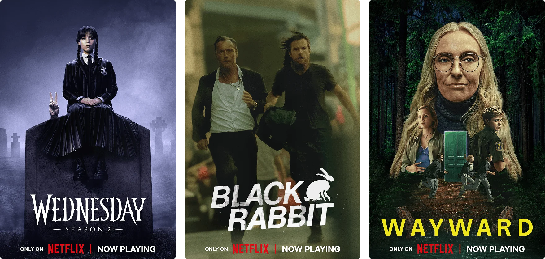 Features Wednesday, Black Rabbit, and Wayward available on Netflix.