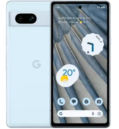Front and back view of Pixel 7a in Sea blue.