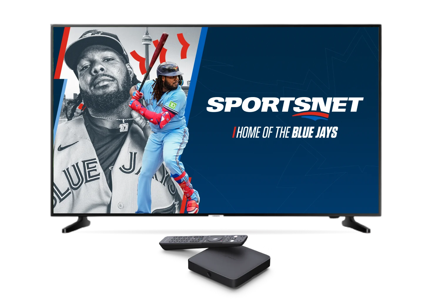 A large TV displaying the Home of the Blue Jays on TELUS TV+ app.