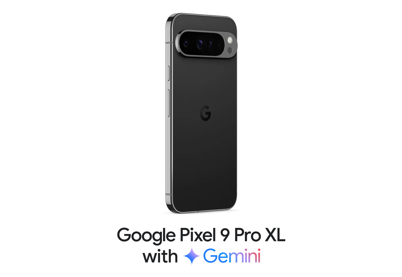 Back view of the Google Pixel 9 Pro XL in Obsidian with the words “Google Pixel 9 Pro XL with Gemini”.