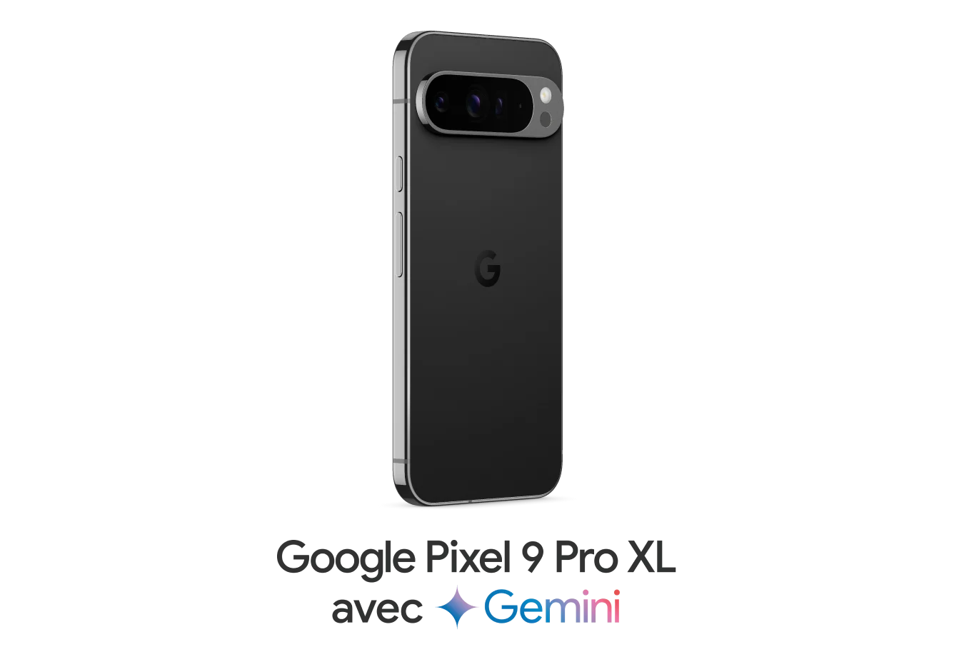 Arrière d’un Google Pixel 9 Pro XL de couleur Obsidienne avec les mots “Google Pixel 9 Pro XL avec Gemini”