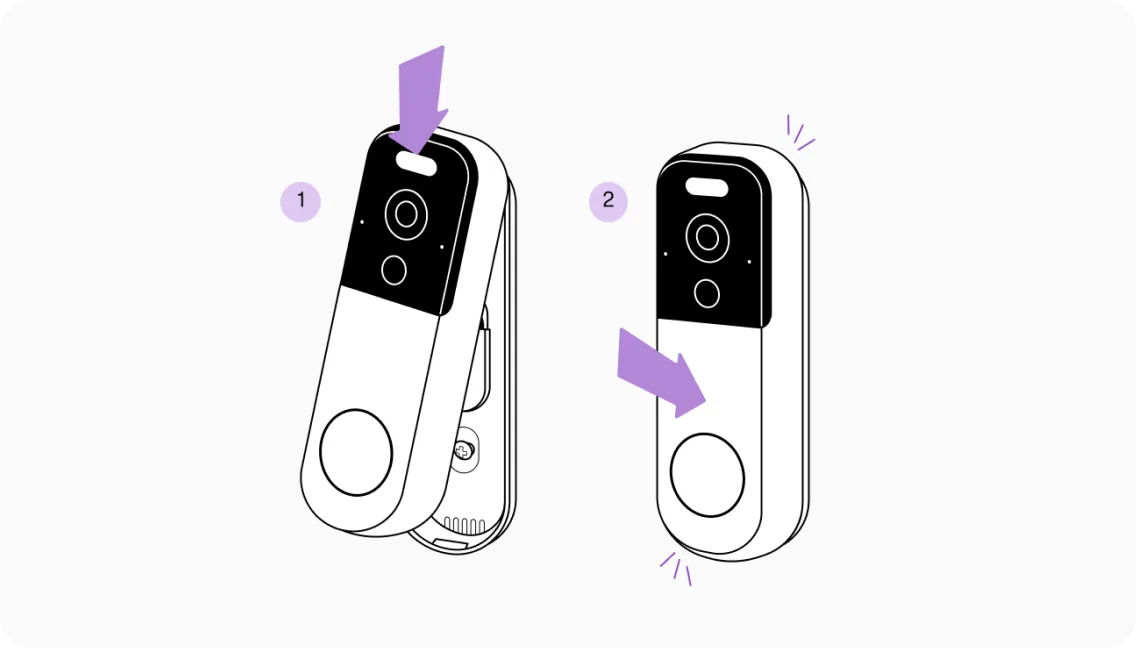 Installation image showing how to insert doorbell camera into the mounting bracket.