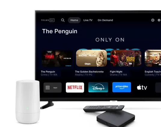 Un téléviseur affichant l’interface de Télé OPTIK derrière un décodeur Télé OPTIK et un terminal Wi-Fi TELUS.