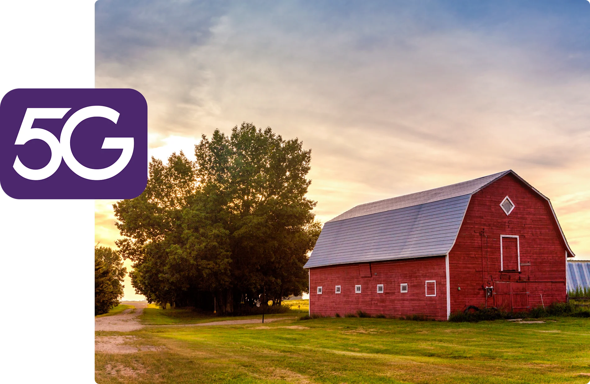 5G badge over a red barn at sunset.