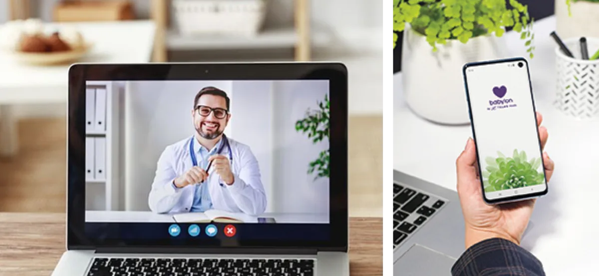 Images of a virtual doctor on a laptop screen and a smartphone displaying Babylon by TELUS Health.
