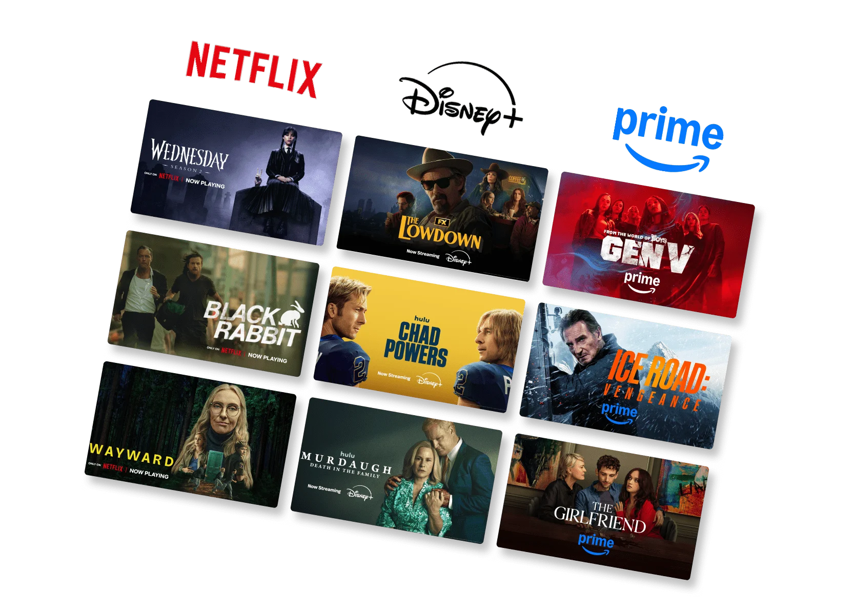 Multiple posters for popular Netflix, Disney+ and Prime Video streaming shows