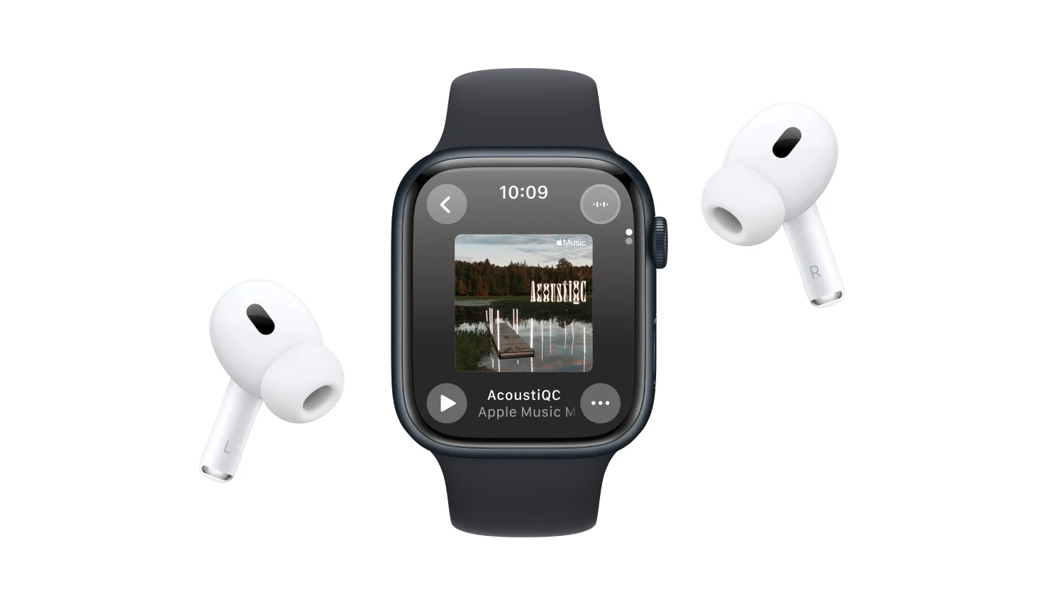 Apple Watch Series 9 en aluminium de couleur minuit avec Apple Music sur l’affichage avec un Airpods Pro (2e génération) de chaque coté.