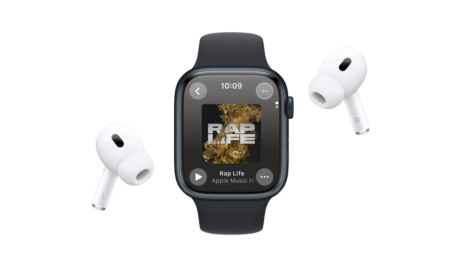 A Midnight Aluminium Apple Watch 9 showcases Apple Music on its display, with a pair of AirPods Pro (2nd gen) on either side.