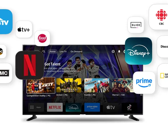 A television displays the TELUS Optik TV interface. Itis surrounded by many popular streamimg icons.
